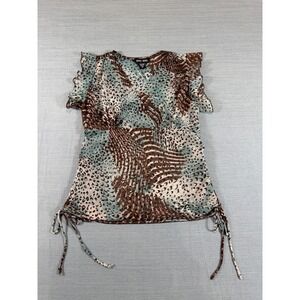 Zero Zero Womens Animal Print Ruffle V-Neck Cinched Side Blouse Teal Brown Sz M